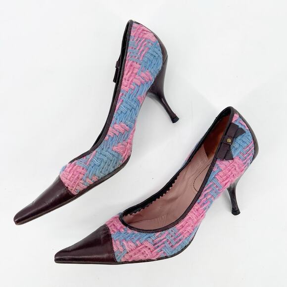 Vintage Miu Miu Pink Blue Woven Brown Leather Bow Detail Pointed Toe Heels IT 38 - Picture 4 of 11